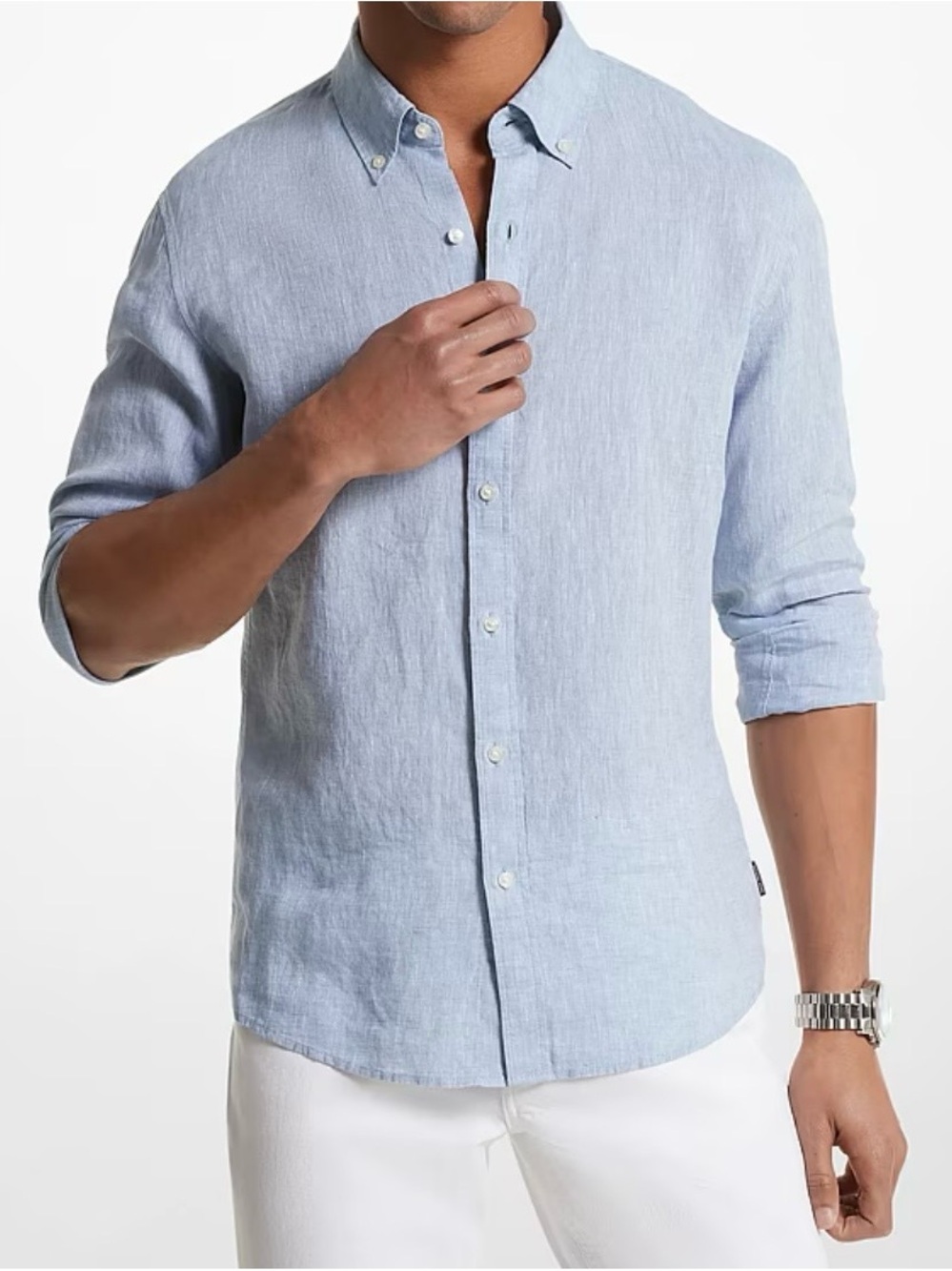 Michael Kors Light Blue Linen Button-Down Shirt